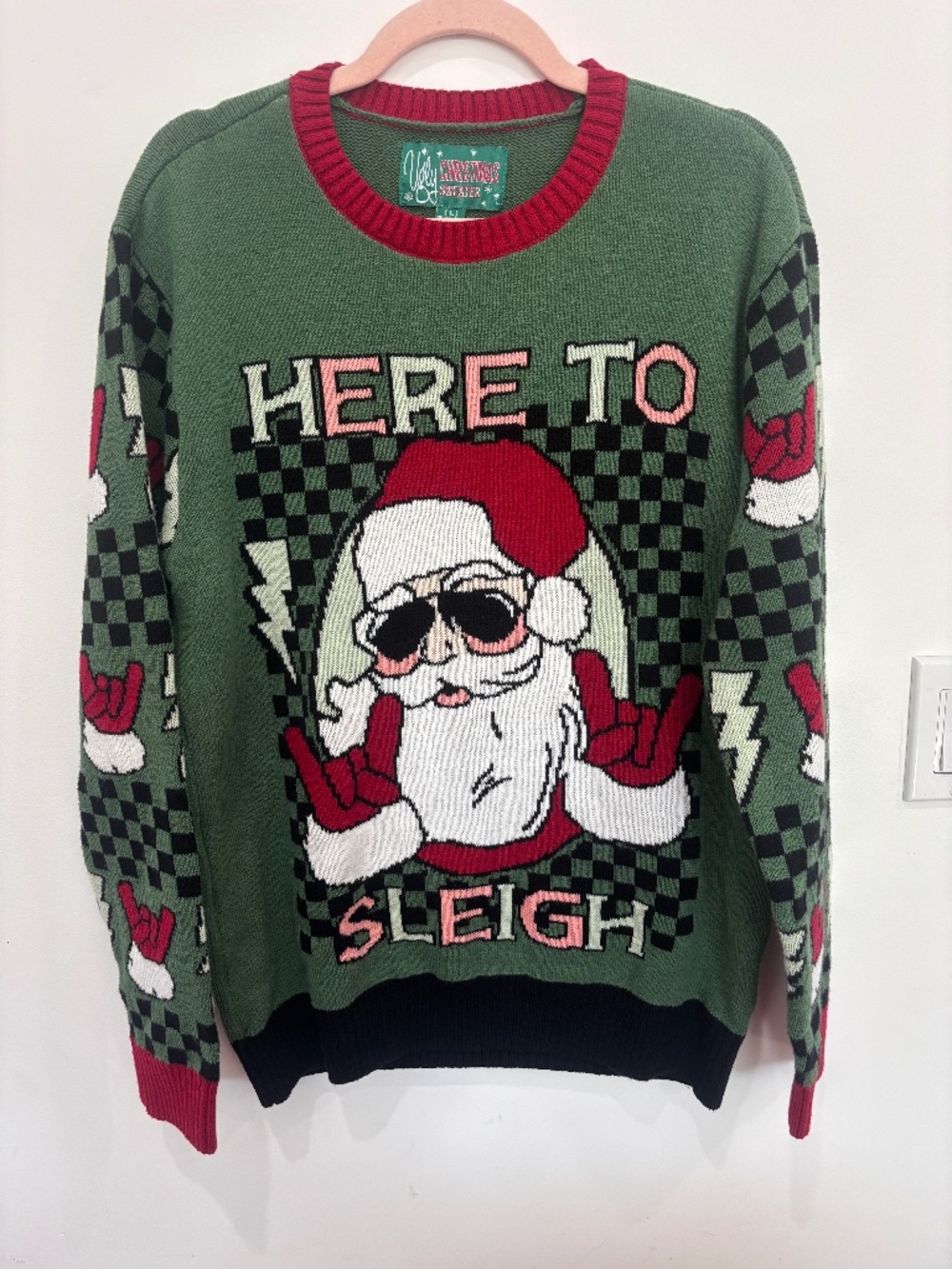 Ugly Christmas Party Sleigher Santa Sweater Large Green Here To Sleigh Holiday K
